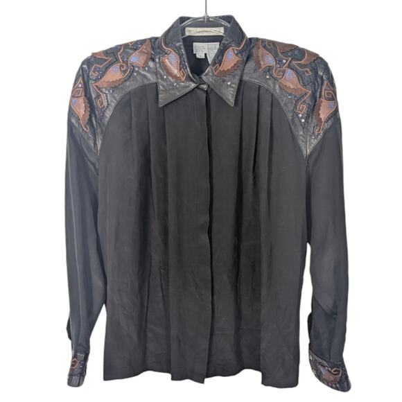 VTG Mercedes & Adrienne Black Silk Blouse Leather Stud Embellished Embroidered - Picture 9 of 12
